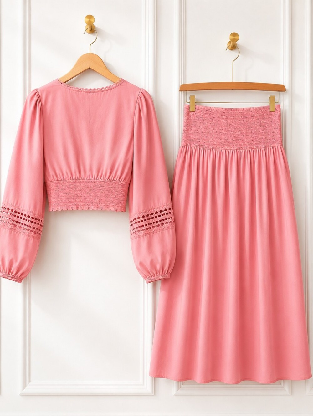 A New Day Pink Two-Piece Set XS | Lace Trim Crop Top & Smocked Midi Skirt | - Picture 7 of 9